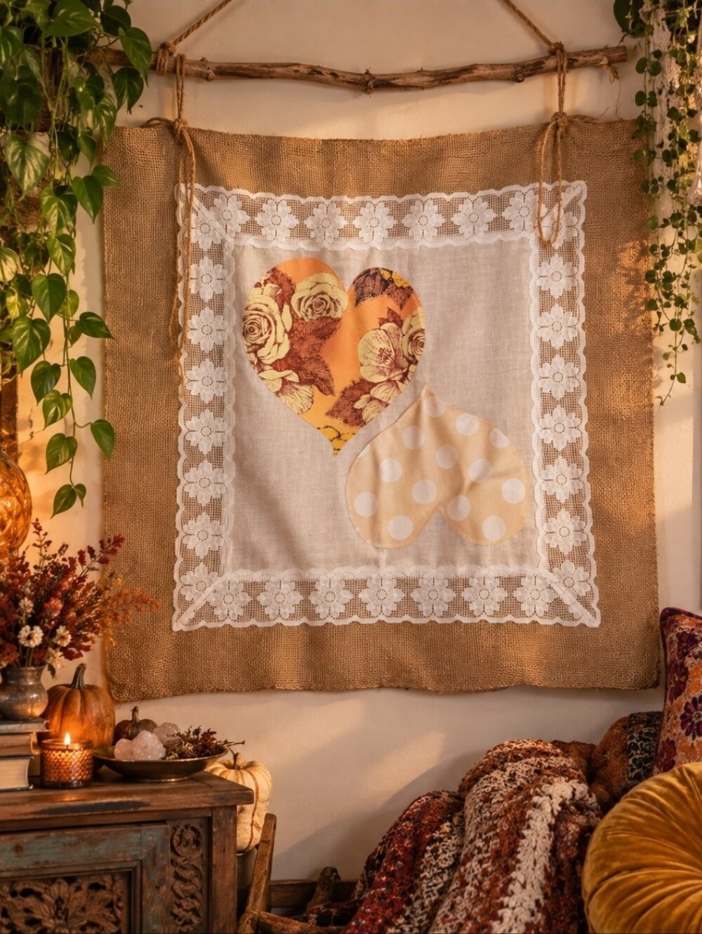 4/$15 Handmade Burlap Heart Wall Hanging Cottagecore Shabby Chic Boho Vintage